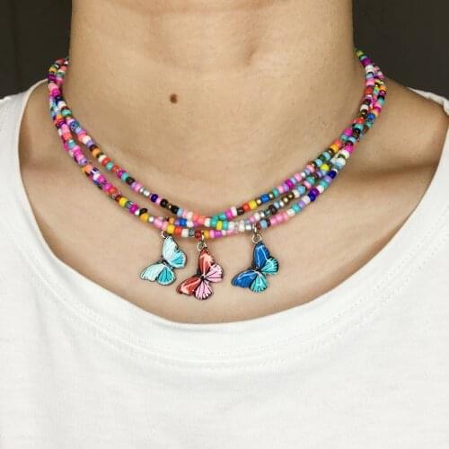 Fashion Beaded Choker Necklace For Women Girls 2021 Colorful Butterfly Strand Charm Pendant Necklace Wholesale Trendy Jewelry