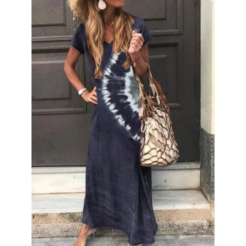 Tie-Dye Plus Size Long Dress 2020 Casual Summer Short Sleeve Beach Sundress Sexy V-Neck Lady Maxi Party Dress Vestidos