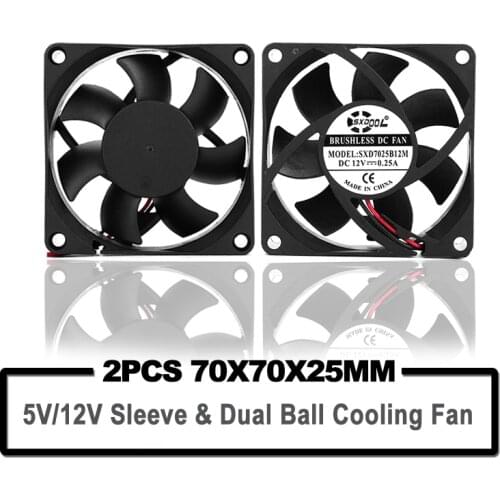 2pcs SXDOOL 12V 70mm 7cm Cooling Fan 70mmx70mmx25mm 7025 Dual Ball Bearing PC Computer Case Fan DIY Router GPU CPU Cooling Fan