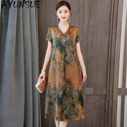 AYUNSUE Plus Size Silk Dress Women Summer Vintage Short Sleeve Dresses for Women Clothing Vestidos De Mujer Casual 2021 KJ6976
