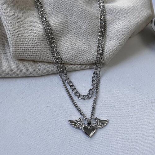 Origin Summer Hip Hop Angel Wing Pendant Necklaces for Women Girl Punk Silver Color Layered Link Chain Necklace Fashion Jewelry