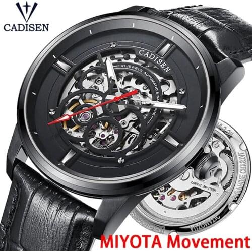CADISEN Luxury Mens Mechanical Wristwatches Top Brand 42MM Hollow Dial Waterproof Automatic Watch Leather Strap Simple Clocks