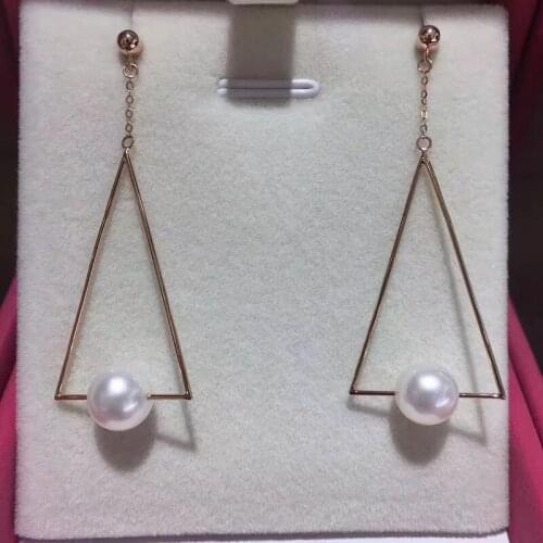 G18K Gold AU750 Fashion Triangle design Natural pearls stud earring for women ladies girls High luster pearls diameter 7.5mm HOT