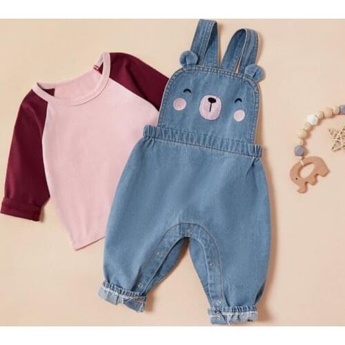 Newborn Baby Clothing Set Autumn Winter Baby Girl Long Sleeve Blouse Cotton Tops+Denim Suspenders Pants 2pcs Suit Infant Outfits