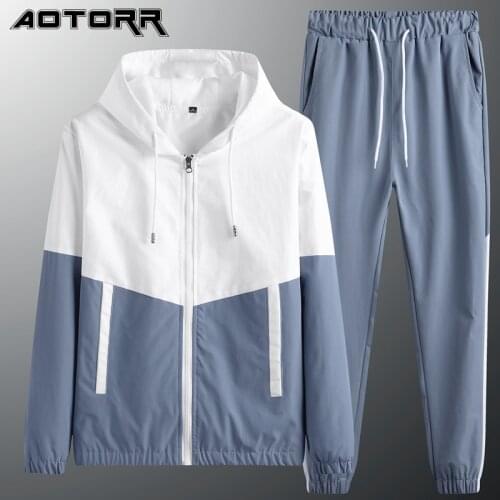 2021 Autumn Casual Mens Sets Patchwork Harajuku 2 Pieces Sets Korean Clothes Men Outdoor Hooded Jacket Tracksuit Streetwear