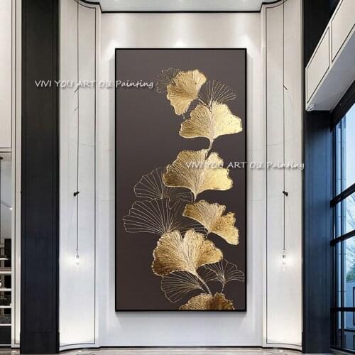 The High Quality Handmade Golden Leaf Leaves Plant Modern Abstract Thick Oil Painting On Canvas Knife Nature Wall Art Decoration