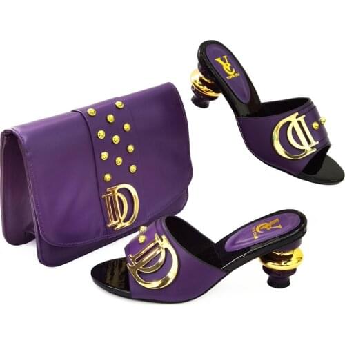 Purple Color Nigerian Slippers with Matching Bag for Women Shoes and Bag Set African Ladies Wedding Party Shoes