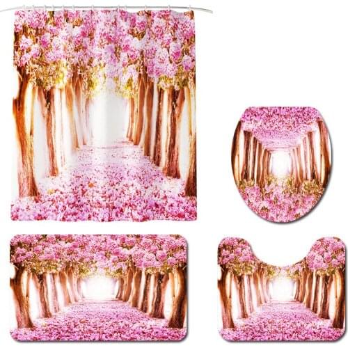 New peach landscape printing shower curtain mat four sets of bathroom Bath mat set bathroom creative shower curtain