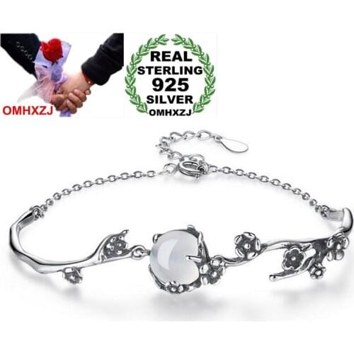 OMHXZJ Wholesale High Quality Fashion Vintage Woman Party Gift Thai Silver Plum White Jade 925 Sterling Silver Bracelet SZ125