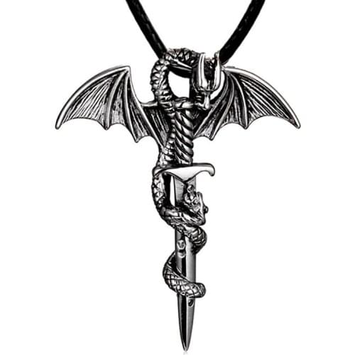 Mens Dragon Pendant Necklace With Rope Vintage Metal Dragon Wing Cross Sword Punk Rock Gothic Necklaces Unique Design