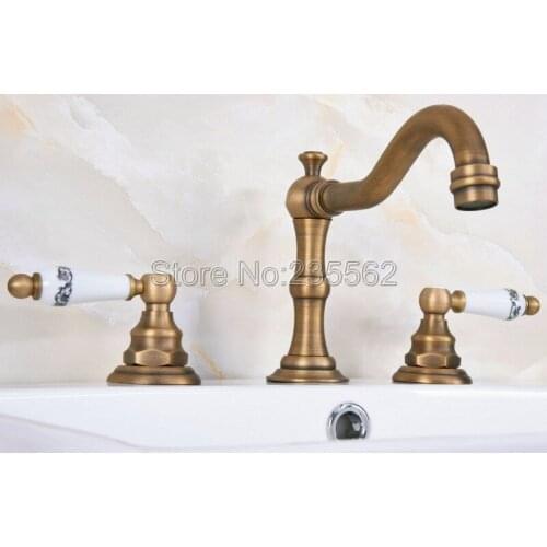3 Hole Widespread Bathroom Basin Faucet Antique Brass Dual Handle Sink / Tub Mixer Tap Deck Mounted lan072