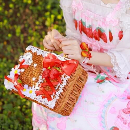Japanese Sweet Lolita Weaves Rattan Bags kawaii Bowknot Strawberry Handbags Mori Girl Rattan Box Rase Cosplay Props Straw hat