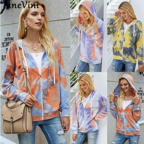 JaneVini Hot Selling Tie-dye Zip Up Hoodie Women Sweatshirt Long Sleeve Casual Ladies Outerwear Coat Streetwear Spring Autumn