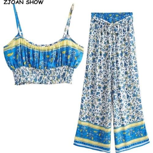Holiday Crop Top Elastic Hem Floral Print Bra Tank Top BOHO Sexy Women Tie Bow Sashes Wide Leg Pants Ruched Camis 2 Pieces Set