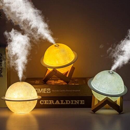 Moon Planet USB Humidifier Air Purifier Mist Maker for Bedroom Humidifier with Wooden Base 3 Color Night Light Aroma Diffuser