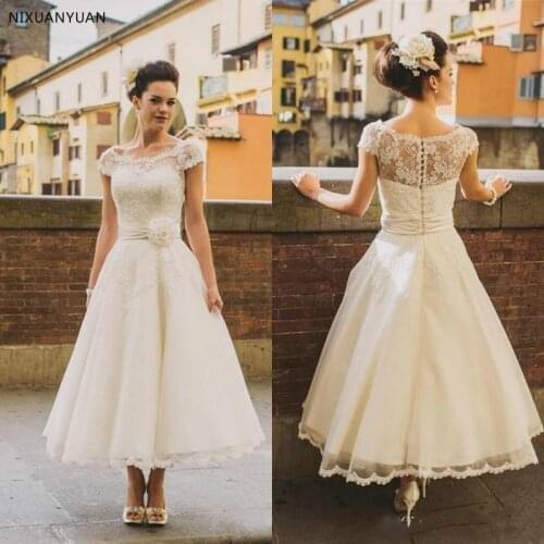 Vintage Short Wedding Dresses 2020 Ankle Length Cap Sleeve Jewel Neck Flower Belt A Line Lace Bridal Wedding Gowns Elegant White