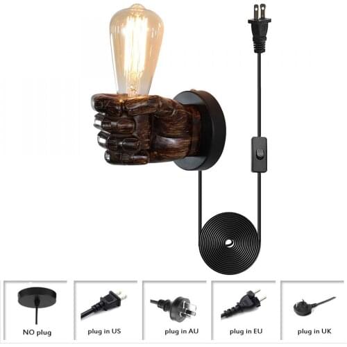 Vintage 1 Light Resin Plug In Wall Light, Industrial Wall Sconce with Hand Shape Retro Edison Indoor Wall Lamp Fixture