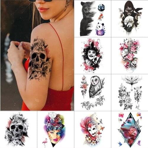 Woman temporary tattoo stickers Rose peony flower Waterproof tattoo demon devil skull tattoo body stickers wolf deer Fake tattoo