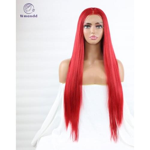 Wmandd 18-24 Inches Long Straight Middle Part Synthetic Wigs With Natural Hairline Red Cosplay Daily Party Heat Resistant Fiber
