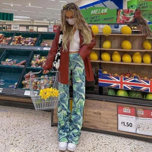 Tie Dye Ruched Women Long Pants Print green summer casual pants trousers High waist Print Pleated Wide Leg Pants