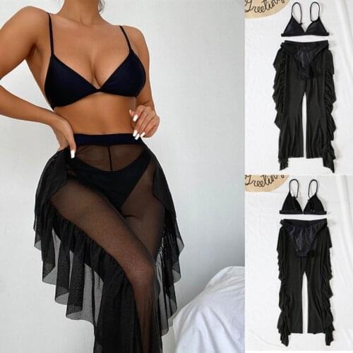 3 Pieces Swimwear Sets Women Solid Color Bikini Tops Panties See-Through Trousers Swimsuits Female Summer Beachwear