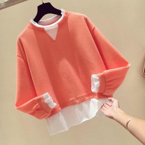 Fake Two-piece Sweatshirt Womens 2021 New Spring Fashion Loose Long Sleeve Lazy Style Stitching Top
