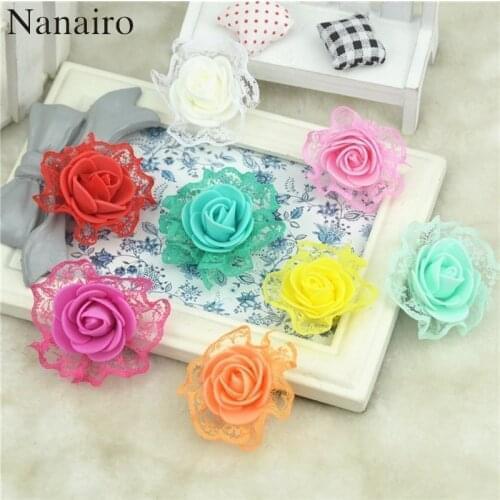 30pcs Mini PE Foam with Lace Rose Artificial Flowers Heads For Wedding Car Decoration DIY Pompom Wreath Decorative Fake Flowers