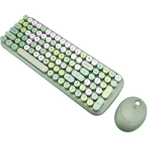 Wireless Keyboard Mouse Kit Girl Gift Retro Vintage Punk Colorful Round Full Size 100 Keys Cute Pink Blue Green For PC Laptop