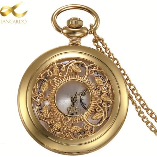 Lancardo Roman Numerals Gold Pocket Watch Hollow Leaf Tree Pocket Watches Unisex Luxury Brand Necklace Pendant Watch With Chain