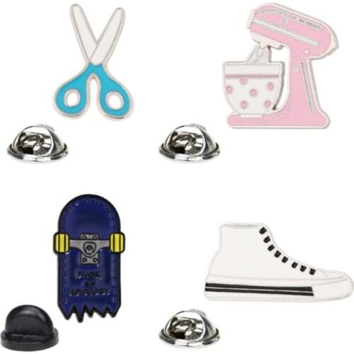 Scissors Enamel Pins Skateboard Shoes Creams Egg-beater Brooches Metal Badges for Women Friend Jewelry