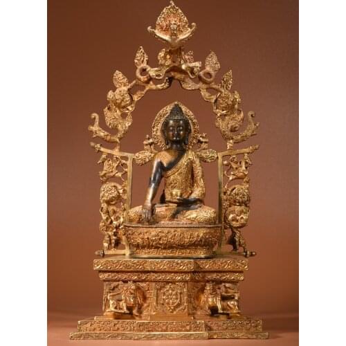 16"Chinese temple collection Old Bronze Gilt Real gold Three Body Buddha Sakyamuni Buddha Terrace Back light Sitting Buddha