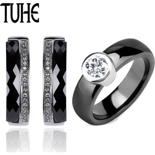 Classic Black White Ceramic Jewelry Set Round Shining Crystal Rings And U Shaped Rhinestone Earrings For Women Wedding Jewelry
