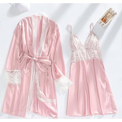 2PCS Lace Robe Set Women Kimono Summer Dressing Gown Suspender Nightgown&Bathrobe Sleep Suit With Breast Pads Home Sleepwear
