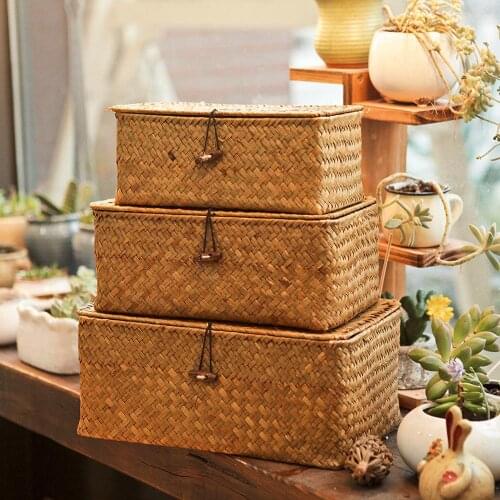 Storage Basket Rattan Storage Box With Lid Hand-woven Jewelry Box Wicker Makeup Organizer Food Container Storage Boxes