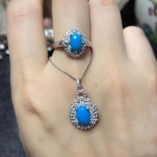 Fashion blue turquoise ring and necklace jewelry set for women with silver