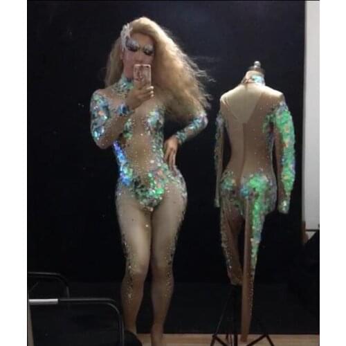 Fashion Shining Sexy Mermaid Sequins Jumpsuit Women Leggings Outfit Costumes Stage Rhinestones Skinny Stretch Rompers