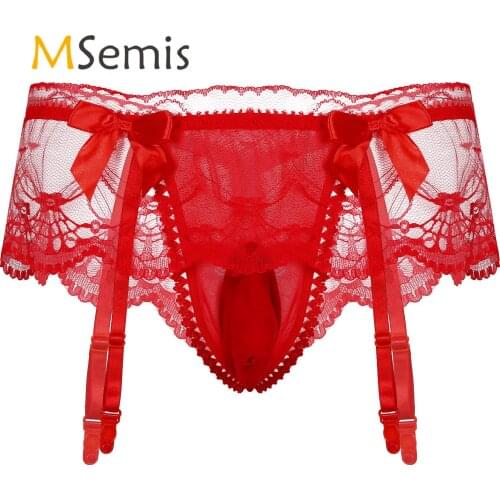 Mens Gay Sexy Underpants Lingerie Hot Lace Mesh Sexy Erotic Underwear T-back Briefs with Small Bowknot Sissy Panties Nightwear