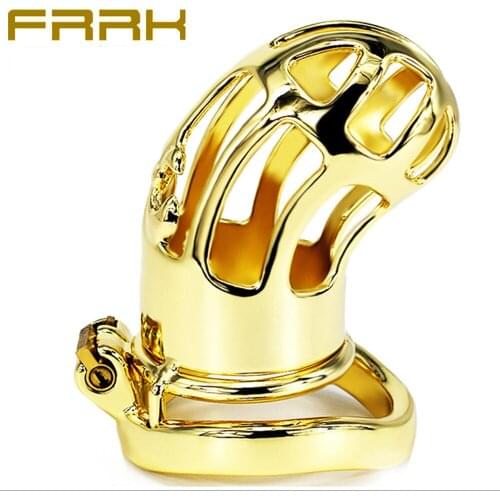 Stainless Steel Male Chastity Lock Golden Metal Penis Cage Penis Ring Set Restraint Big Cock Sm Game Couple Flirting Sex Toys