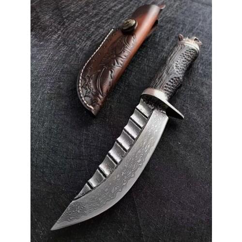 128 layers Damascus steel Wolf head handle Straight Knife Fixed Blade Knife For Outdoor Camping Hunting Self-defense