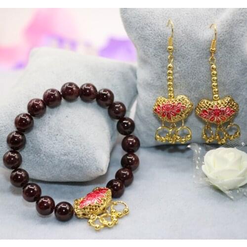 Original design 8mm natural garnet round stone beads cloisonne bracelets earrings gifts fashion jewelry set 7.5inch B3028