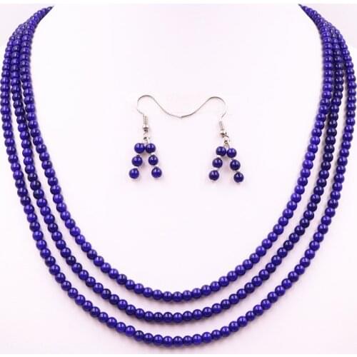 4mm Round Beads Earrings Necklace Jewelry Set for Women Blue Baking Paint Glass Lacquer Fashion Statement Chain Choker Sets A598