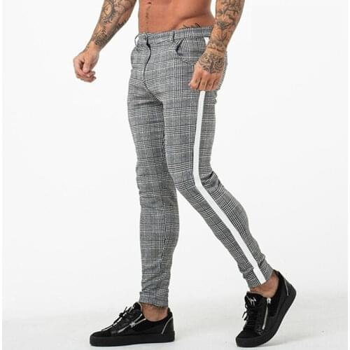 Casual Mens Chinos Cotton Slim Fit Men Pants Trousers Skinny Chinos Pants Grey Ankle Length Streetwear Plaid Side Stripe Pants