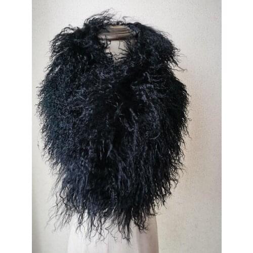 Real Mongolia Lamb Fur Scarf Women Winter Warm Neckerchief Natural Curl Black