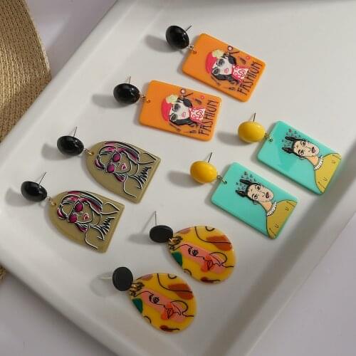 AENSOA 1Pair 2021 New Fashion Colorful Floral Figure Animal Graffiti Earrings for Women Geometric Square Round Acrylic Earrings