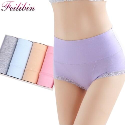 ZJX 4Pcs/lot Women Cotton Panties High Waist Comfort Underwear Sexy Lace Female Briefs Seamless Slimming Girls Lingerie