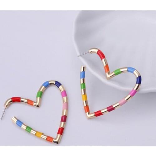 Minar Unique Romantic Rainbow Color Enamel Love Heart Hoop Earings for Women French Open Earings Party Jewelry Wholesale Hot