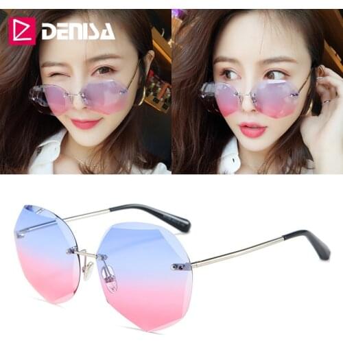 DENISA Fashion Blue Pink Rimless Sunglasses Women 2019 New High Quality Gradient Ladies Sunglasses Irregular Lens Glasses G31159