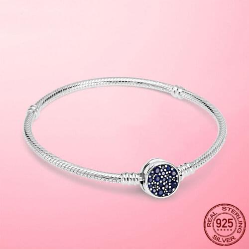 2021 Pulseira 925 Sterling Silver Bracelet Femme Moments Sparkling Blue Disc Clasp Snake Chain Bracelets Bangles Women Jewelry