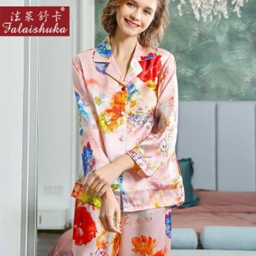 Women 100% Genuine Silk Pajama Sets Printed Floral Cute Digital Painting Elegance Noble Lady Pyjamas Nightwear Long Sleeve