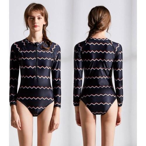 Womens UV Sun Protection Long Sleeve Rash Guard Wetsuit One Piece Swimsuit Wave Striped Printed Swimming Surfing Bathing Suit